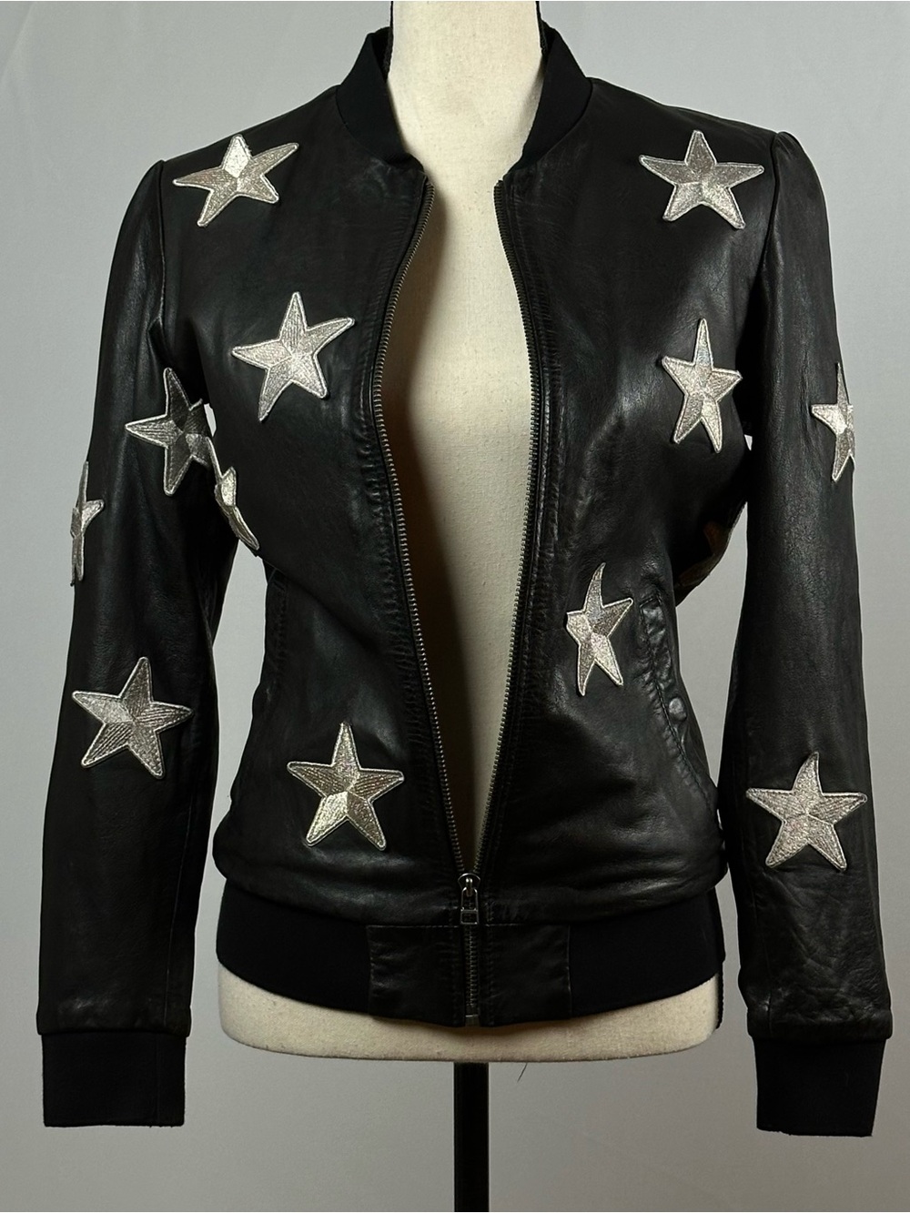 GOOSECRAFT black lambskin leather star patch bomber jacket - size xs